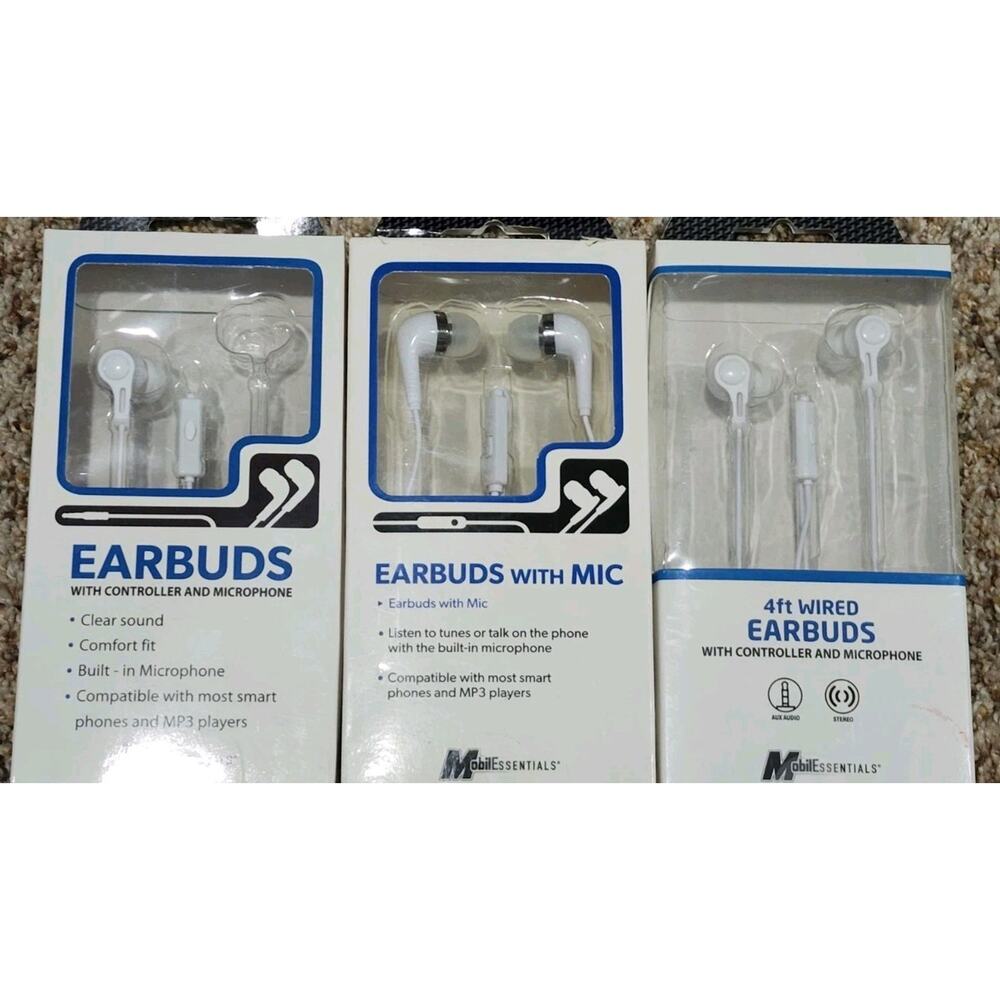 Lot Of 3 MobilEssentials White 4 Ft Wired Earbuds with Microphone & Controller